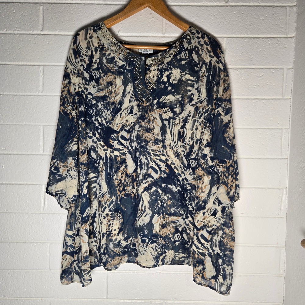 Catherines Blouse 2X Abstract Studded Tunic Boho Maximalist Animal Print Resort